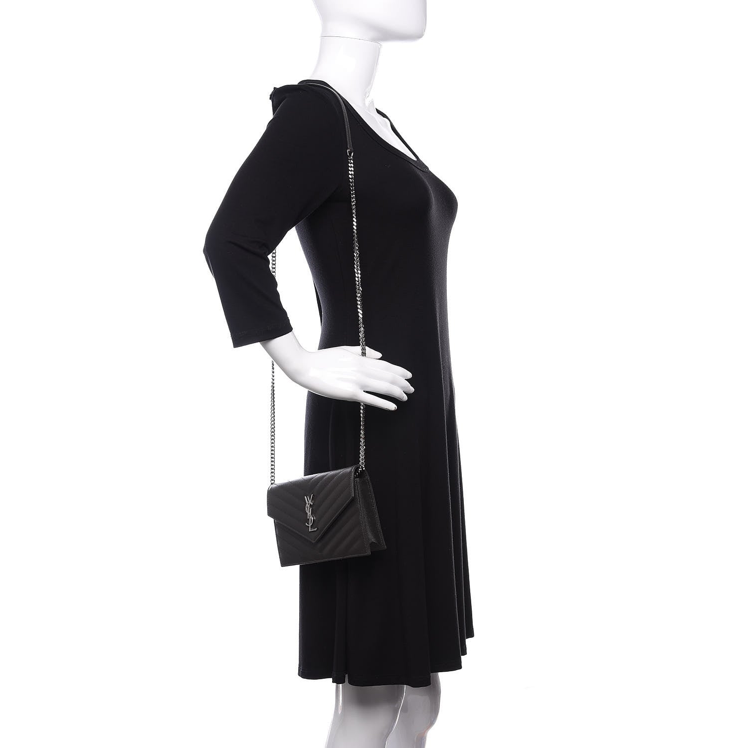 Saint Laurent Grain De Poudre Matelasse Chevron Monogram Envelope Chain Wallet Coal 2 of 11