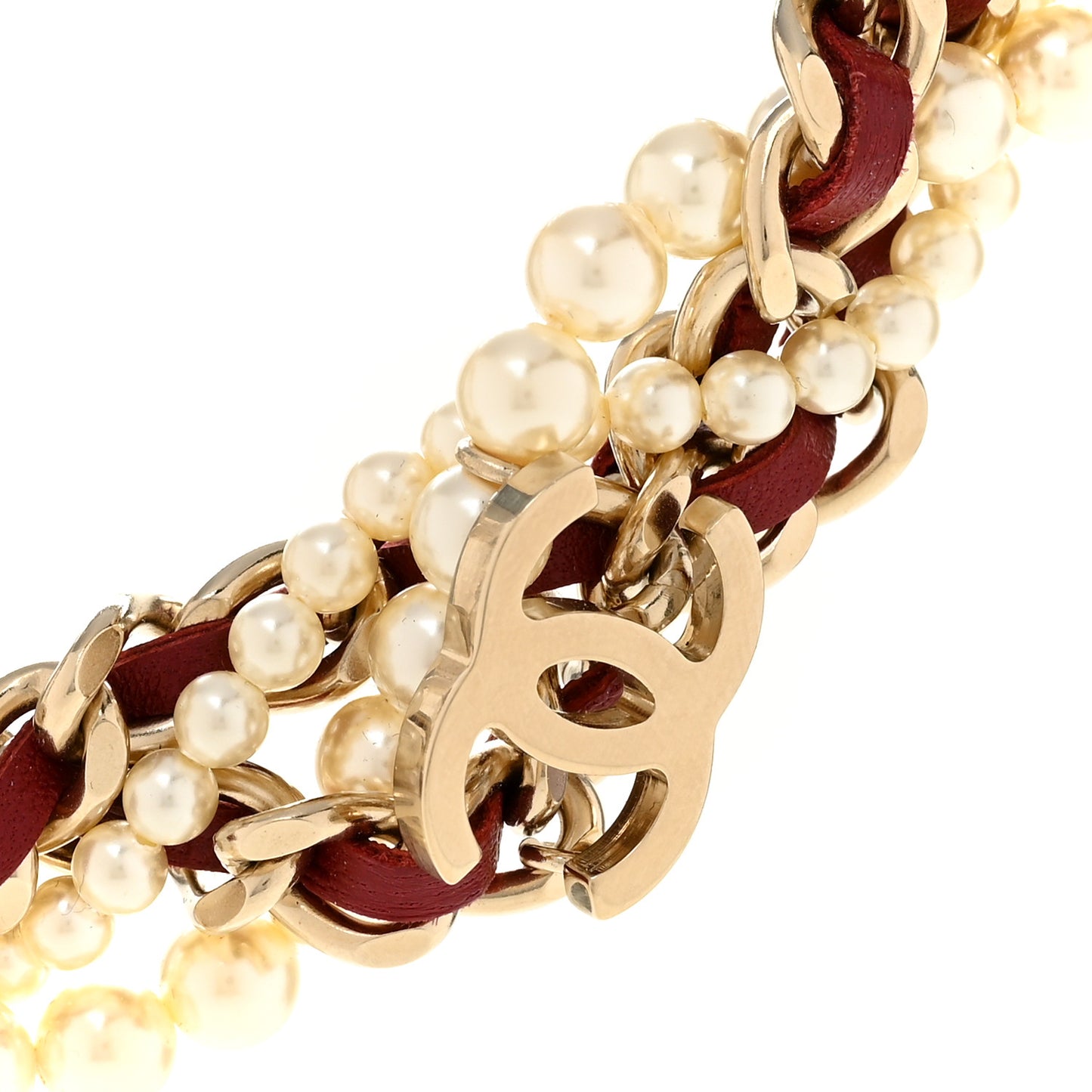 Pearl Lambskin CC Multi Strand Chain Choker Necklace Red
