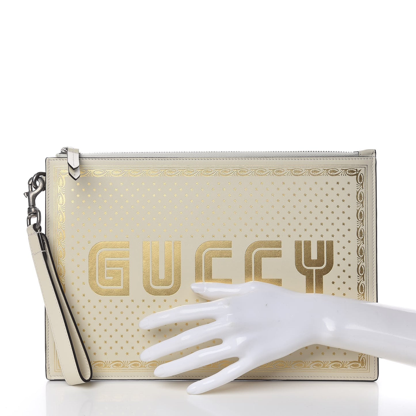 X SEGA Calfskin GUCCY Stars Zip Wristlet Pouch Mystic White Gold