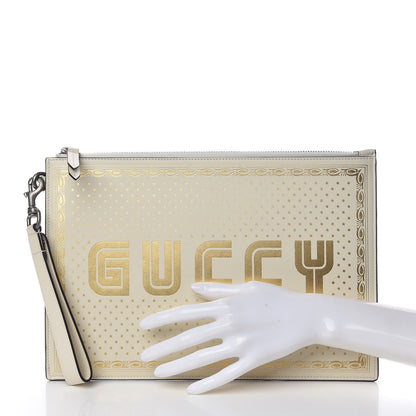 Gucci X SEGA Calfskin GUCCY Stars Zip Wristlet Pouch Mystic White Gold 2 of 10