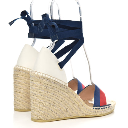 Gucci Canvas Sylvie Web Ankle Wrap Espadrille Wedge Sandals 39 Mystic White Hibiscus Red Maritime 4 of 9