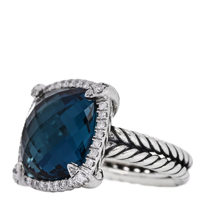 David Yurman Sterling Silver Diamond Hampton Blue Topaz 14mm Chatelaine Pave Bezel Ring 53 6.5 3 of 5