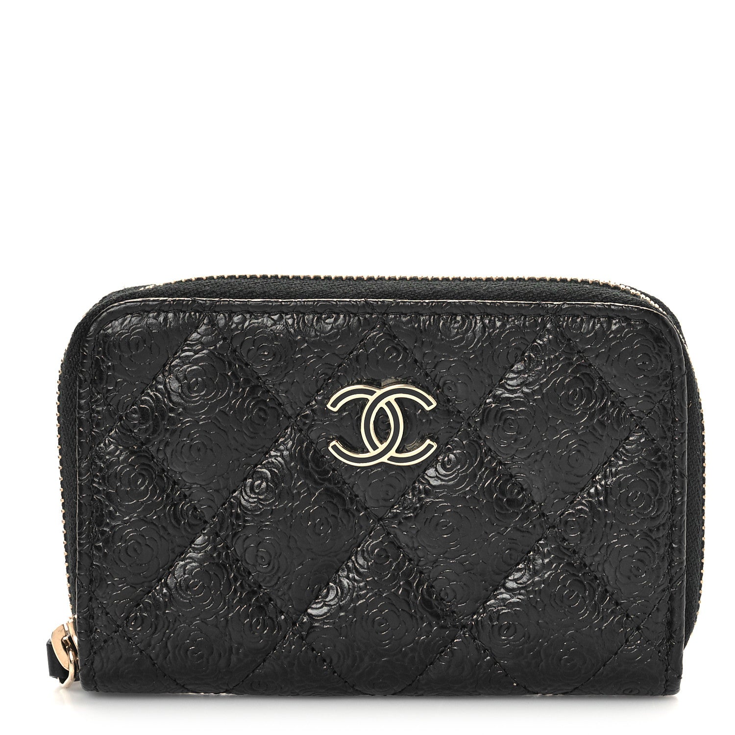 Chanel Calfskin Camellia Embossed Quilted Zip Coin Purse Black 1 of 10