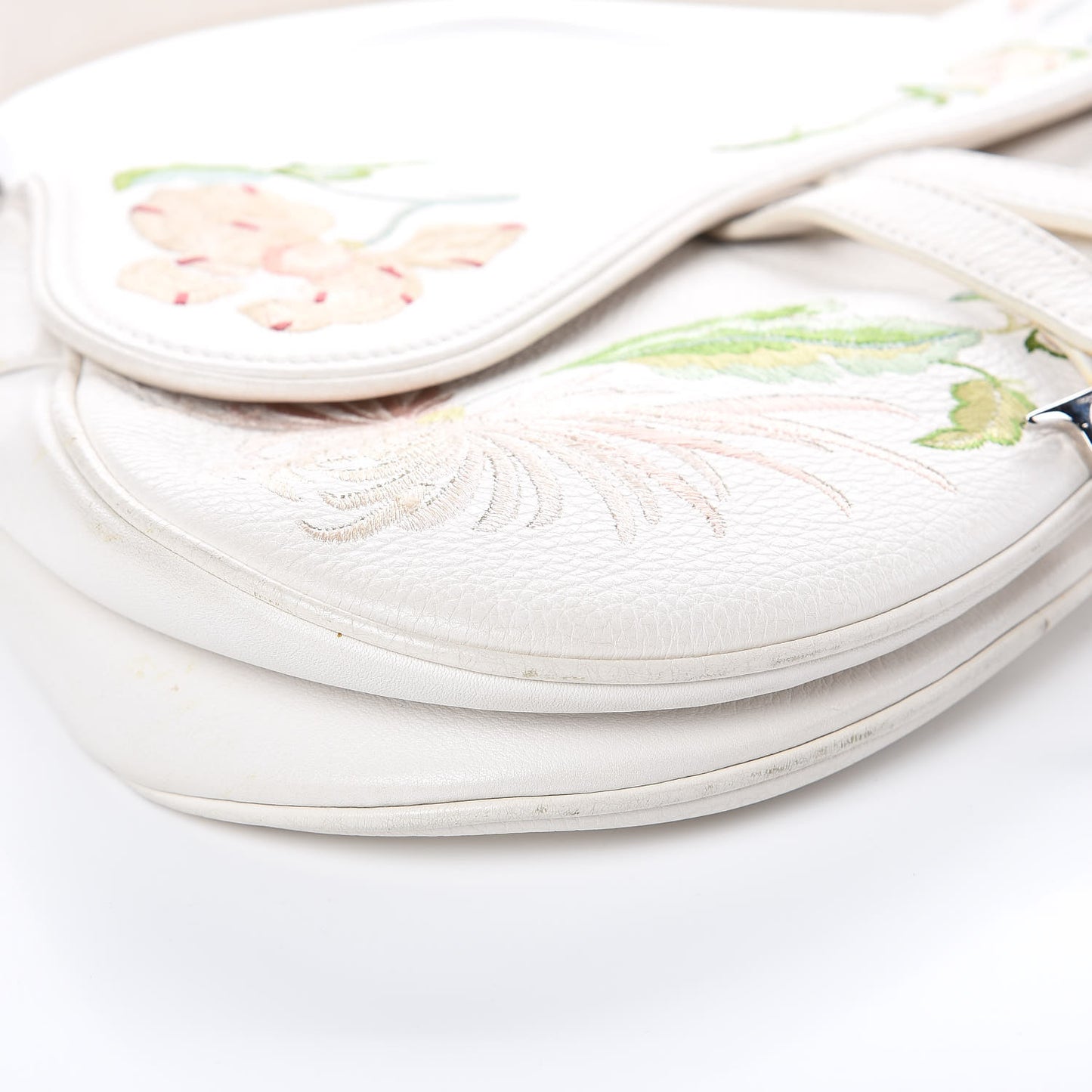 Calfskin Embroidered Romantic Flowers Saddle Bag White