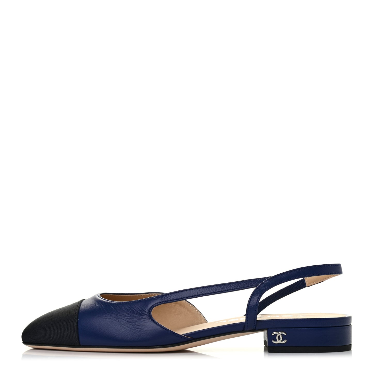 Lambskin Cap Toe CC Slingback Flats 36 Navy Black