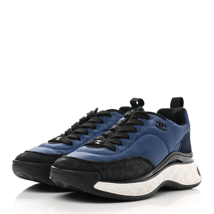 Chanel Nylon Suede Calfskin Womens Logo Sneakers 37.5 Blue Navy Dark Navy 3 of 10