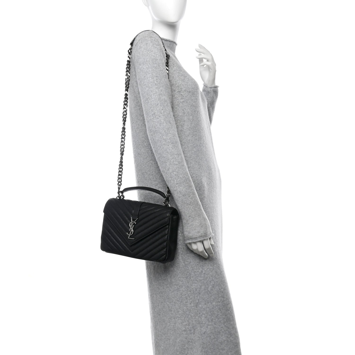 Saint Laurent Sheepskin Matelasse Chevron Monogram Medium College Bag Black 2 of 11