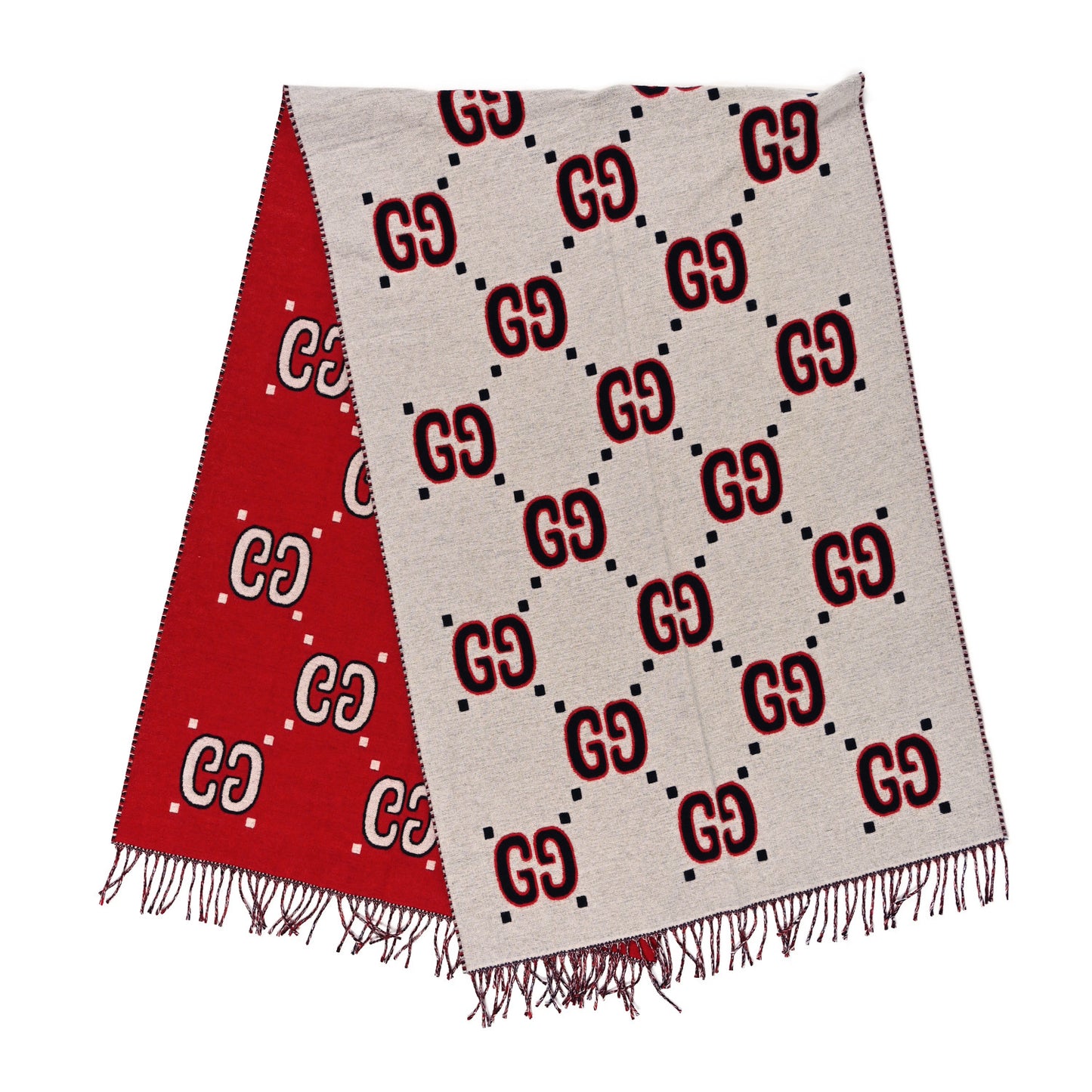 Cashmere Wool GG Monogram Reversible Intarsia Scarf Red Ivory