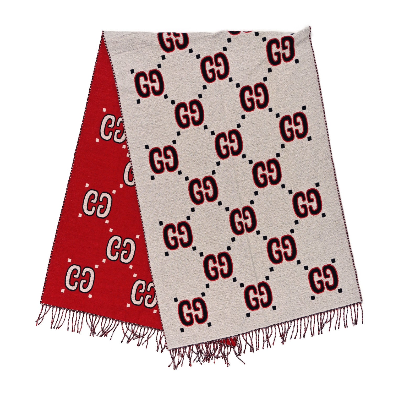 Gucci Cashmere Wool GG Monogram Reversible Intarsia Scarf Red Ivory 2 of 3