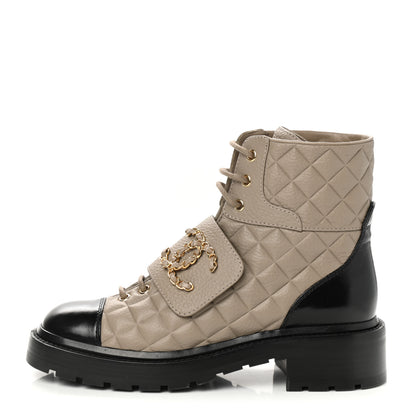 Chanel Calfskin Shiny Calfskin Quilted Lace Up Combat Boots 37.5 Dark Beige Black 1 of 9