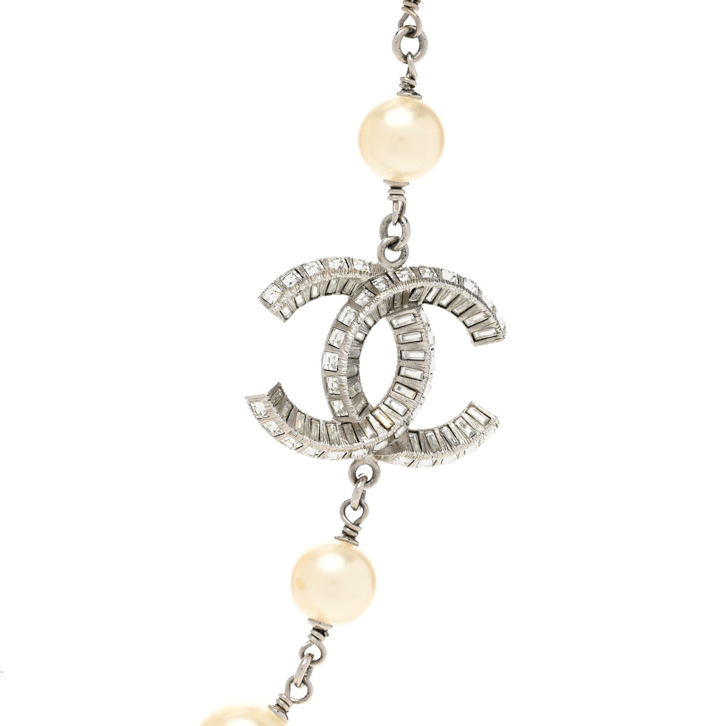 Pearl Crystal Baguette CC Short Necklace Silver