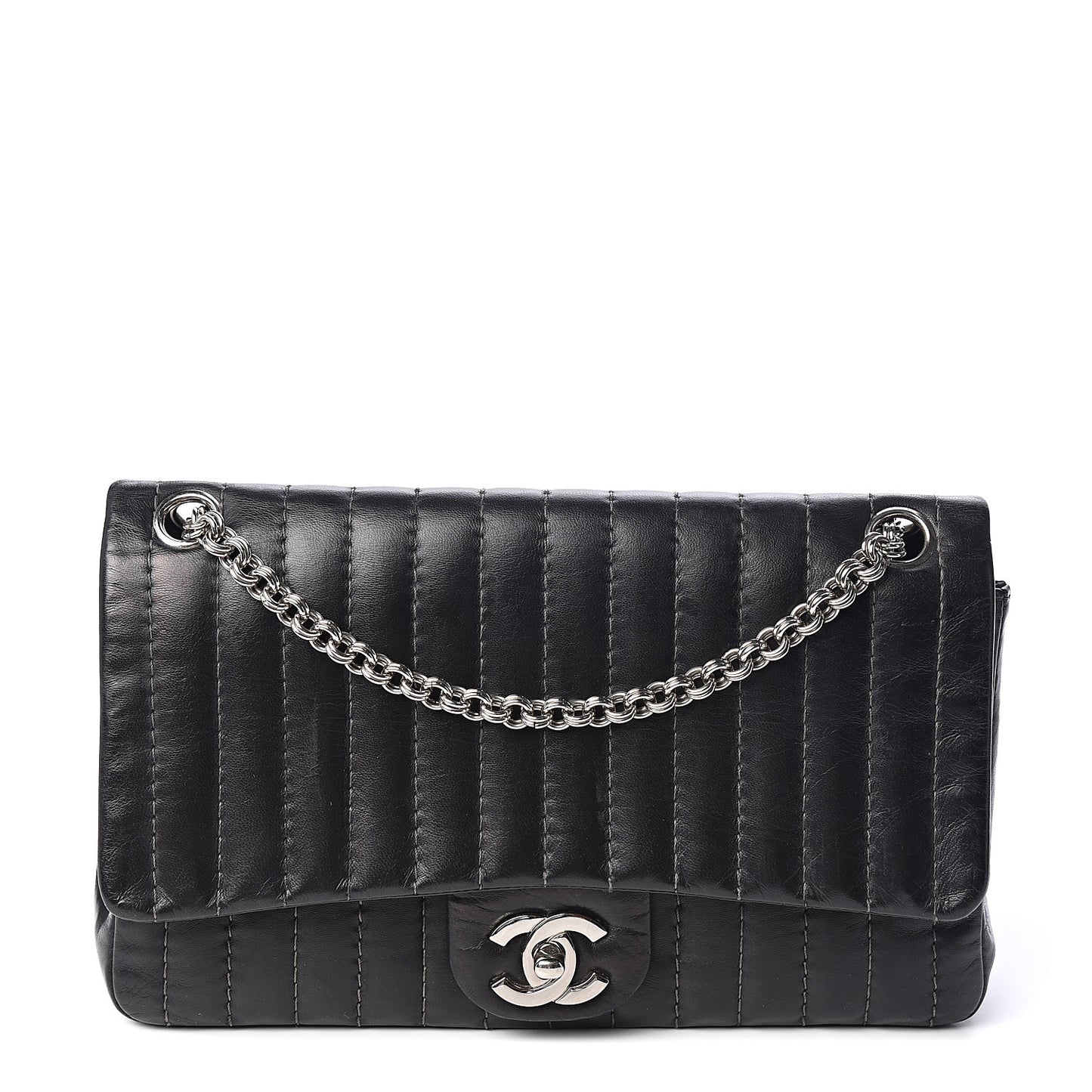 Lambskin Vertical Quilted Medium Single Flap Black
