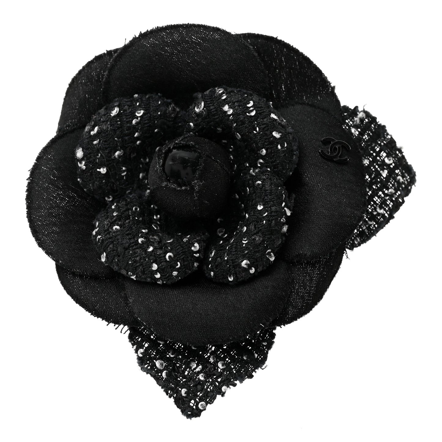Tweed Camellia Pin Brooch Black White