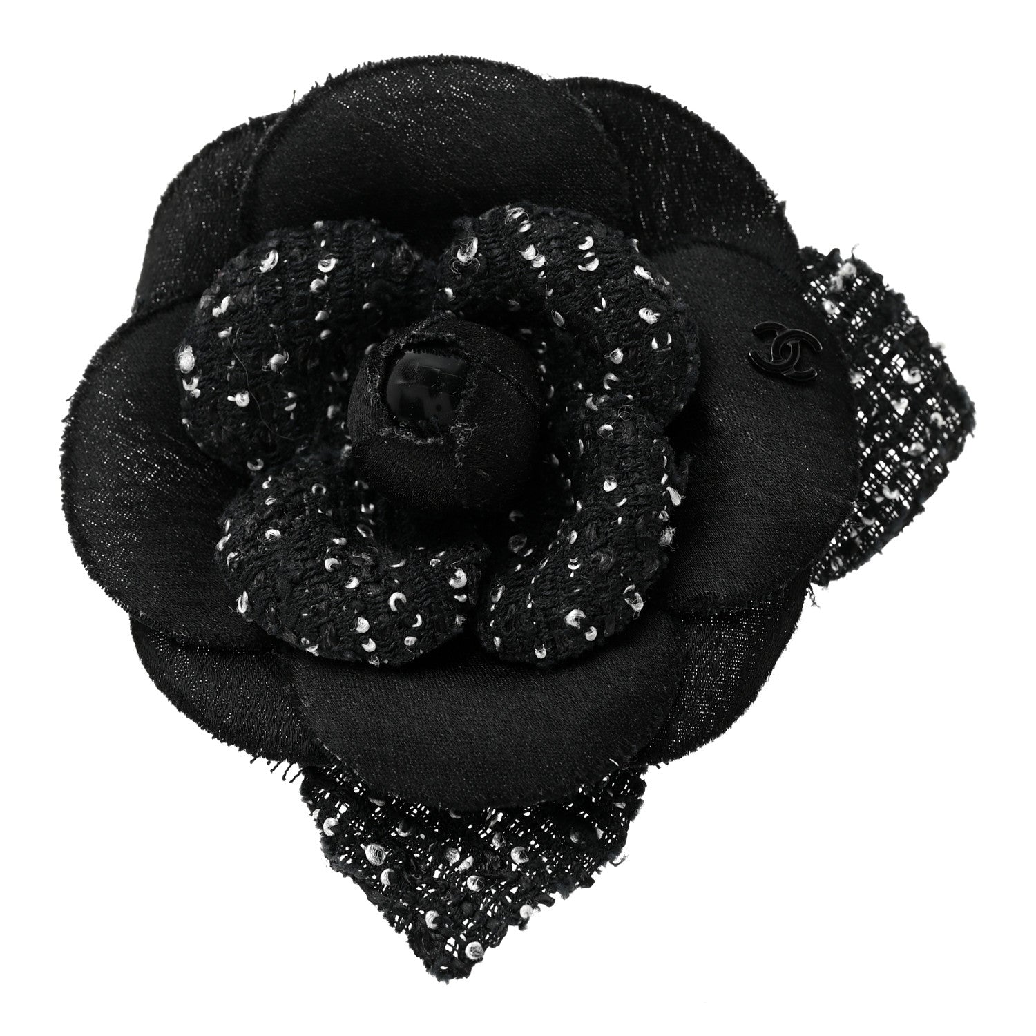 Chanel Tweed Camellia Pin Brooch Black White 1 of 3