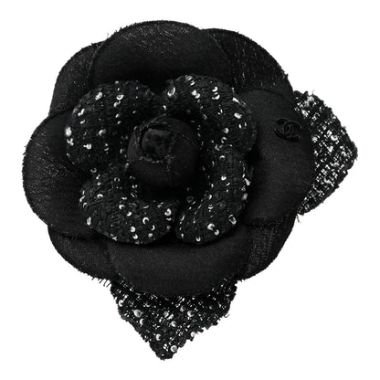 Chanel Tweed Camellia Pin Brooch Black White 1 of 3