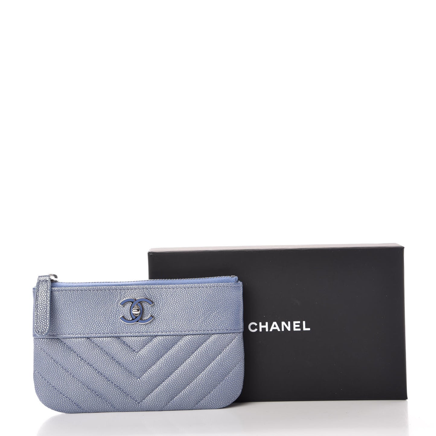 Metallic Caviar Chevron Quilted Small Vintage Mademoiselle Cosmetic Case Blue