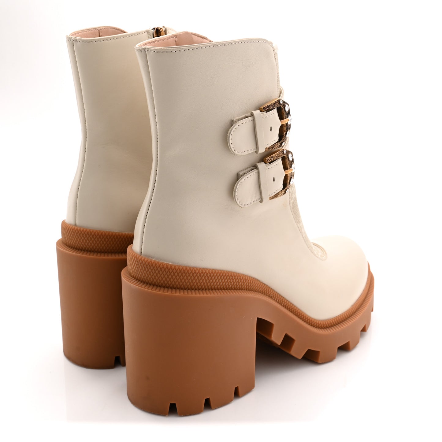 Kensington Calfskin Nappa GG Supreme Monogram Womens Double Buckle Ankle Boots 37.5 Mystic White Beige