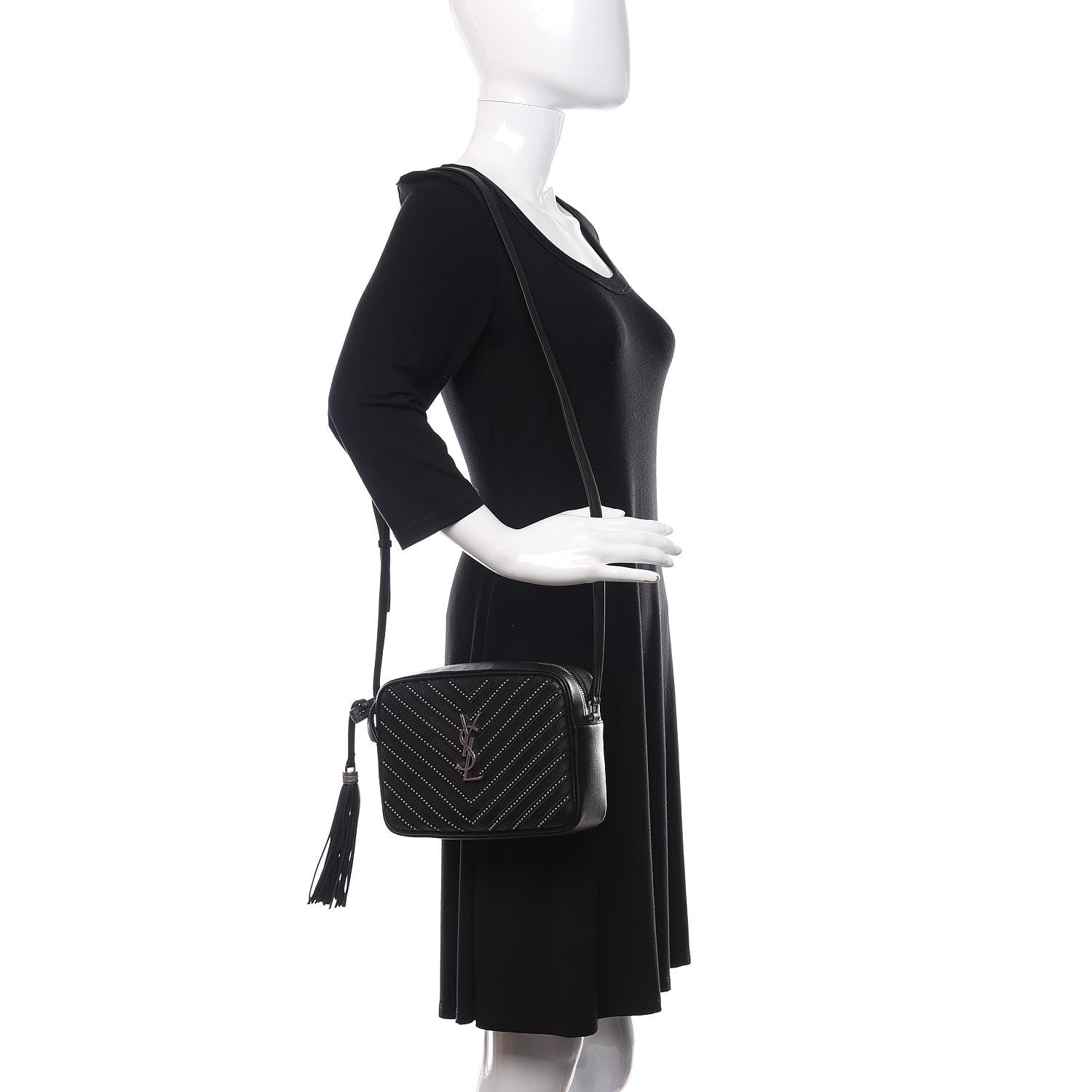 Saint Laurent Calfskin Studded Matelasse Monogram Lou Camera Bag Black 2 of 10