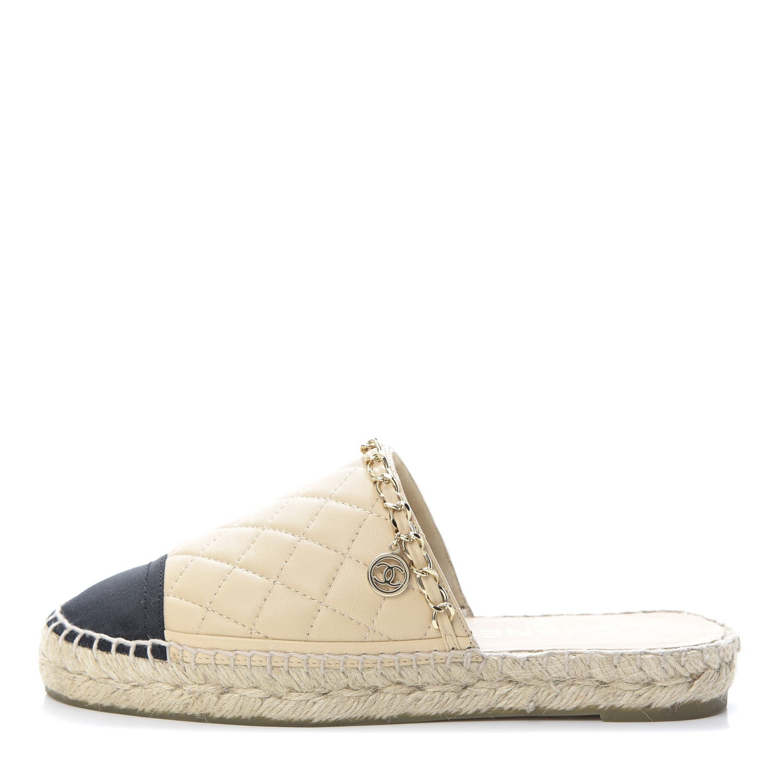 Chanel Lambskin Grosgrain Quilted CC Chain Espadrille Mules 35 Beige Black 1 of 12