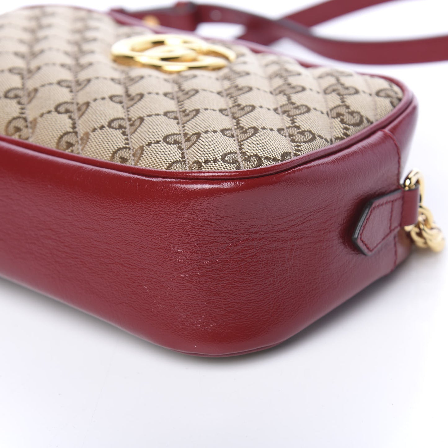 Monogram Azalea Calfskin Matelasse Diagonal Small GG Marmont Chain Shoulder Bag Beige Ebony New Cherry Red