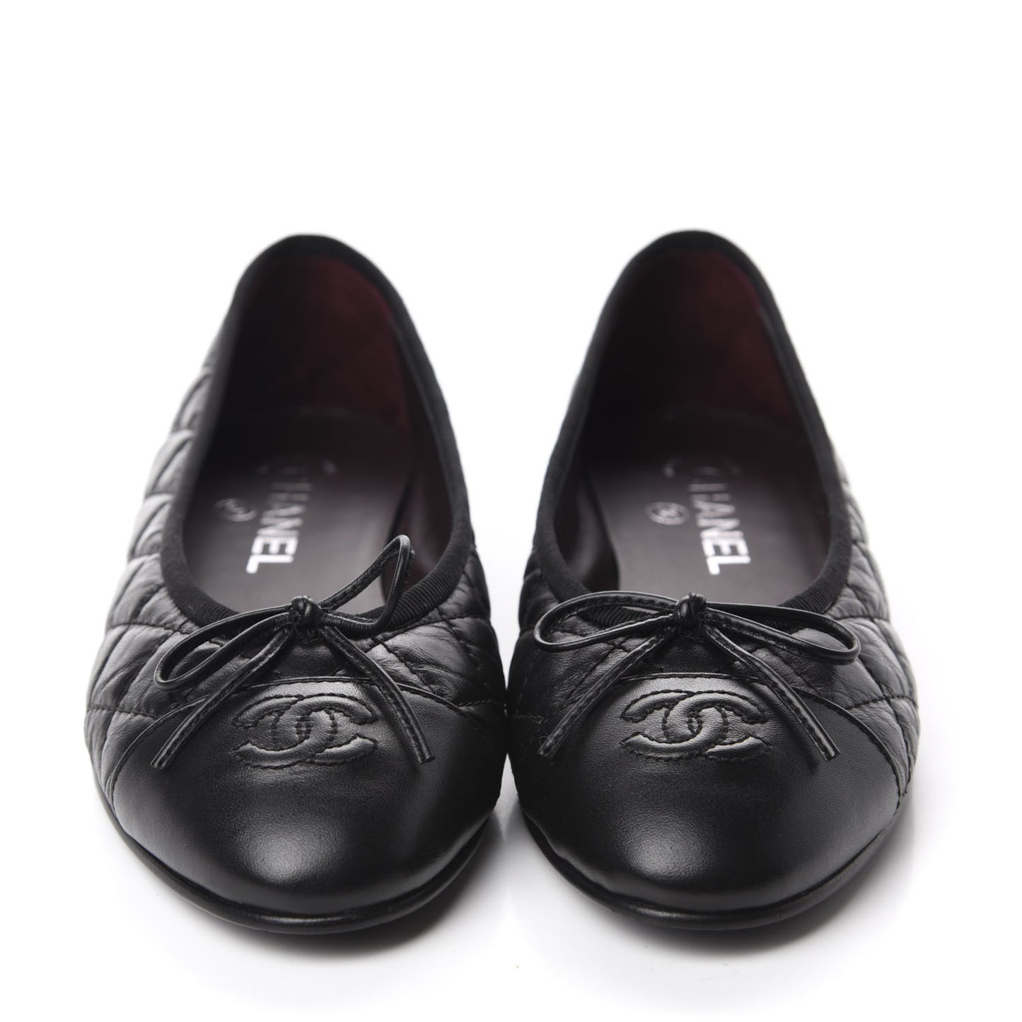 Aged Calfskin Quilted Cap Toe Ballerina Flats 38 Black