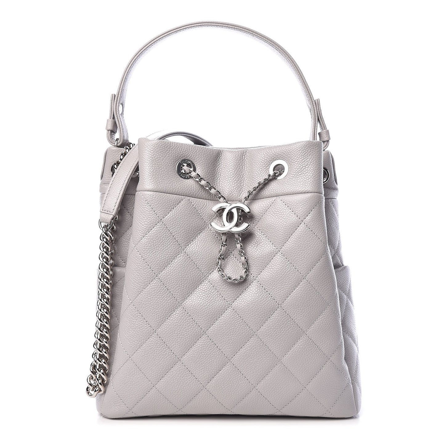 Grained Calfskin Quilted Medium CC Chain Bucket Drawstring Bag Light Grey