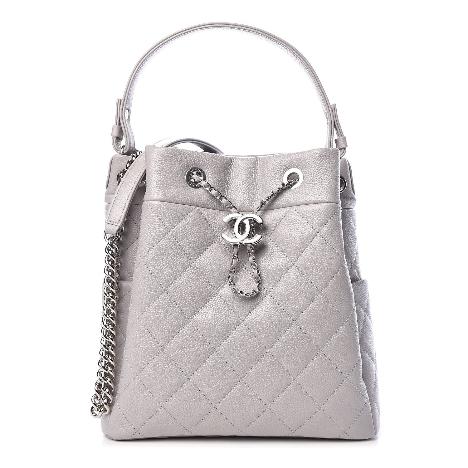 Chanel Grained Calfskin Quilted Medium CC Chain Bucket Drawstring Bag Light Grey 1 of 10