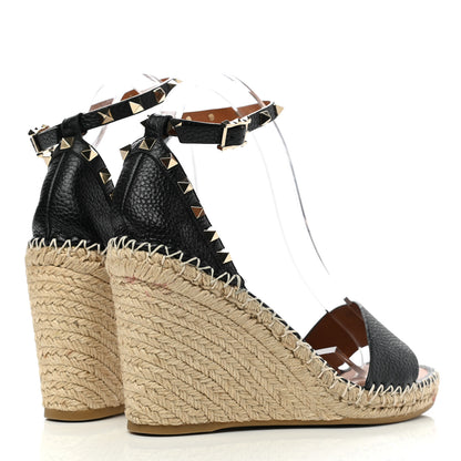 Valentino Garavani Grained Calfskin Rockstud Ankle Strap Espadrille 15/105mm Wedge Sandals 39 Black Light Cuir Natural 4 of 9