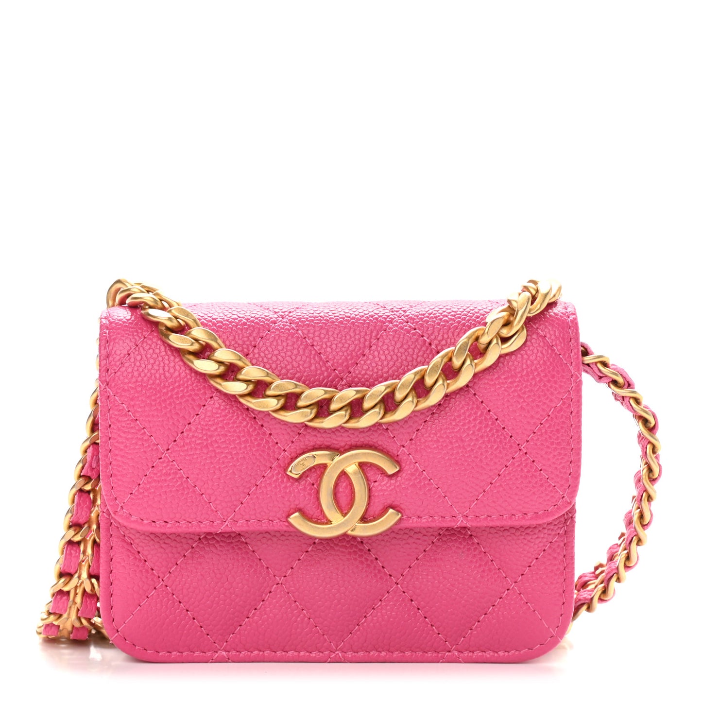 Shiny Caviar Quilted Chain Melody Card Holder On Chain Dark Pink