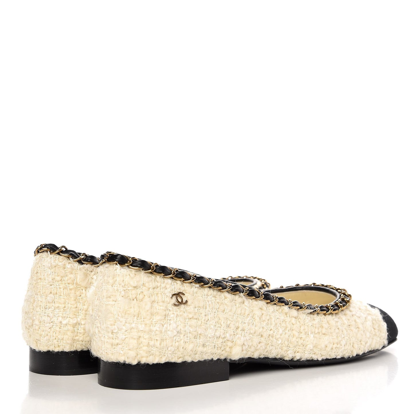 Tweed Grosgrain Chained Cap Toe Ballerina Flats 37 Ivory Black