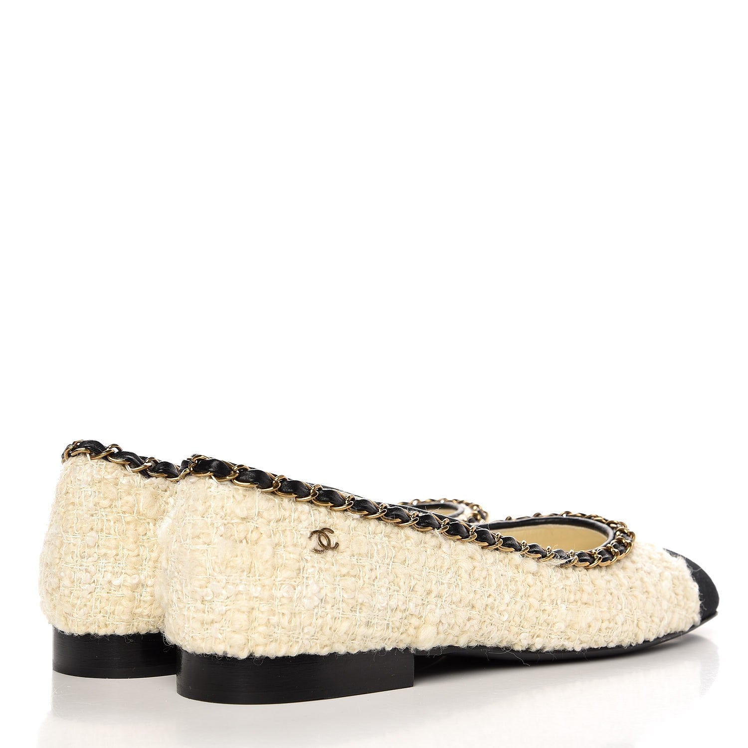 Chanel Tweed Grosgrain Chained Cap Toe Ballerina Flats 37 Ivory Black 4 of 9