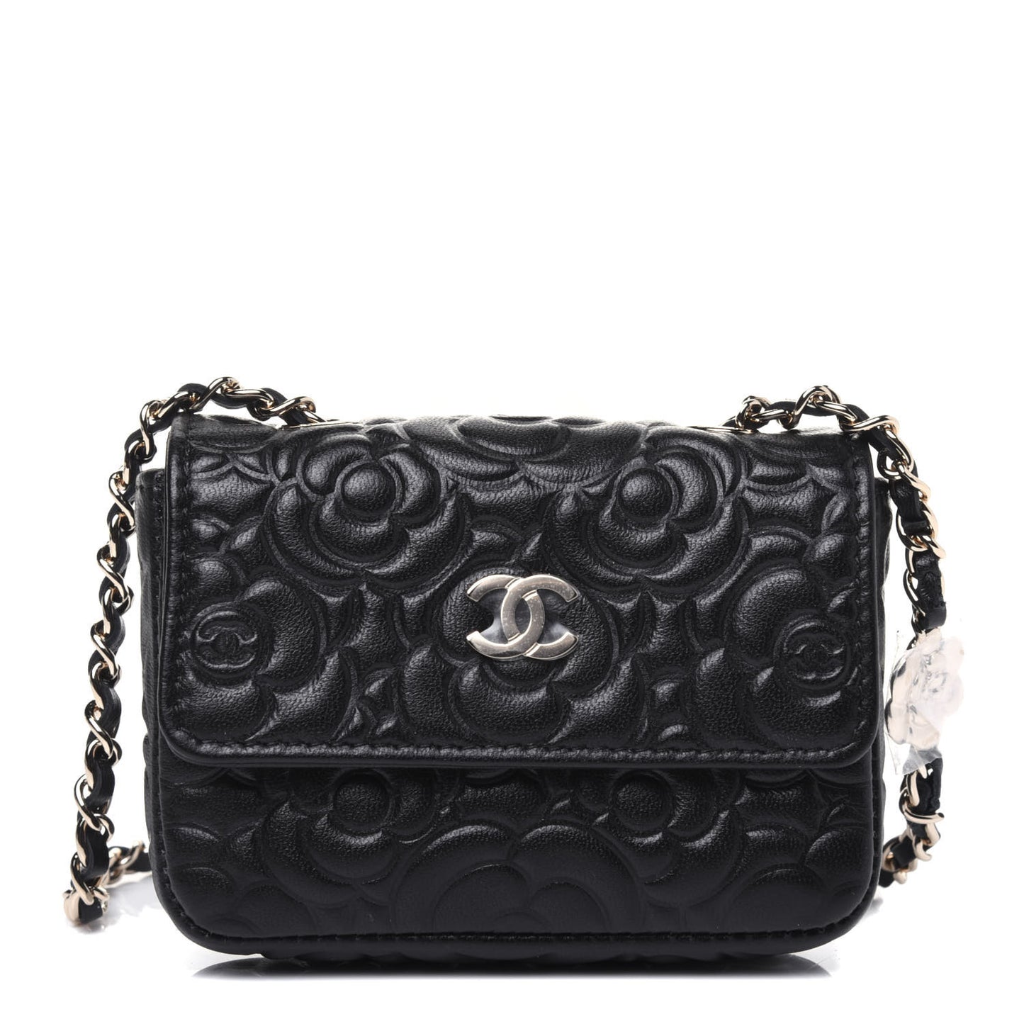 Lambskin Camellia Embossed Chain Belt Bag Black