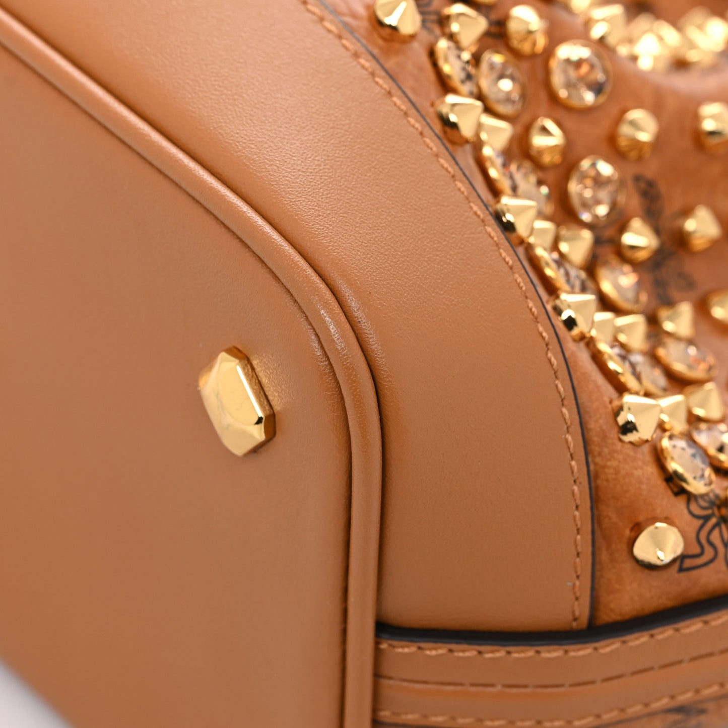 Visetos Swarovski Crystal Studded Mini Drawstring Bucket Bag Cognac