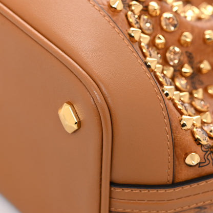 MCM Visetos Swarovski Crystal Studded Mini Drawstring Bucket Bag Cognac 10 of 12