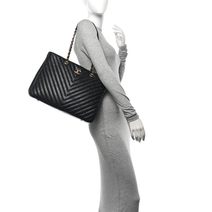 Chanel Iridescent Calfskin Chevron Quilted Shopping Tote Black 2 of 11