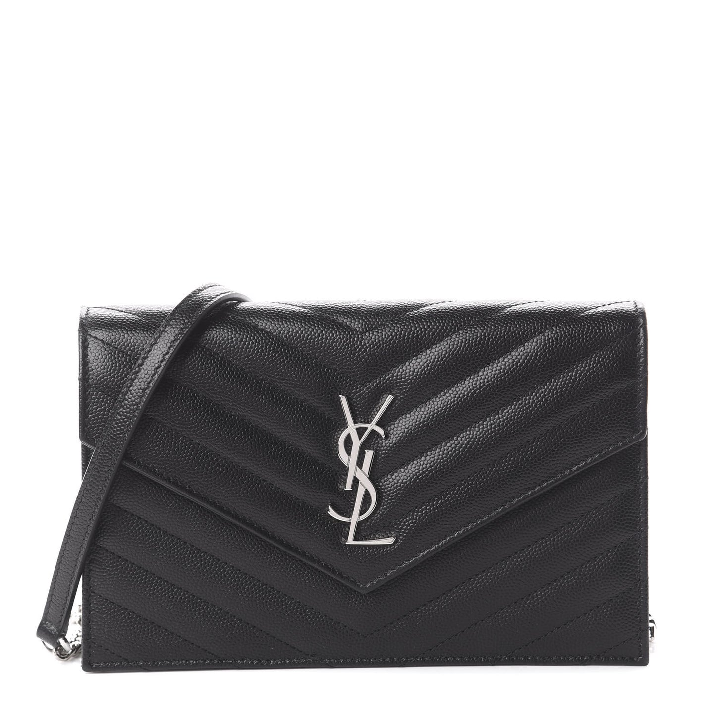 Grain De Poudre Matelasse Chevron Monogram Envelope Chain Wallet Black