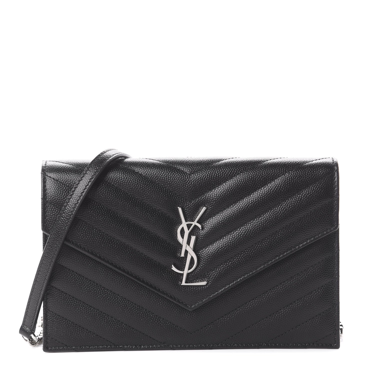 Saint Laurent Grain De Poudre Matelasse Chevron Monogram Envelope Chain Wallet Black 1 of 7