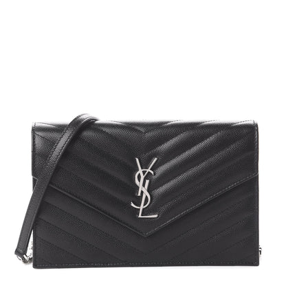 Saint Laurent Grain De Poudre Matelasse Chevron Monogram Envelope Chain Wallet Black 1 of 7