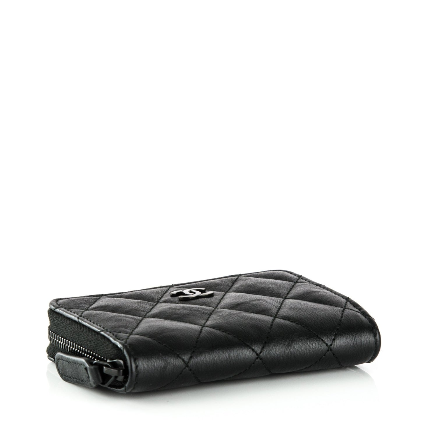 Calfskin Quilted Zip Around Coin Purse Wallet So Black