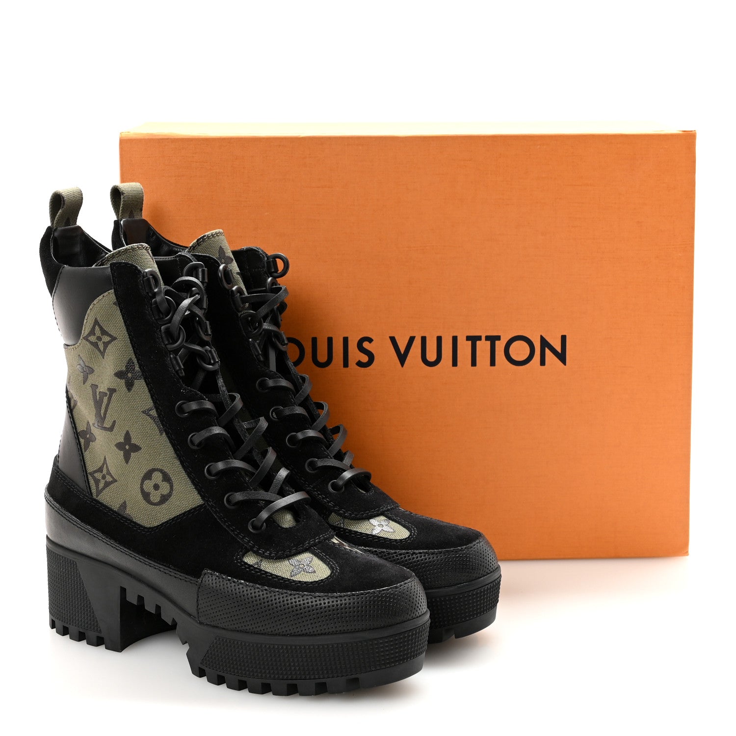Louis Vuitton Suede Monogram Laureate Platform Desert Boots 37 Kaki Black 10 of 10