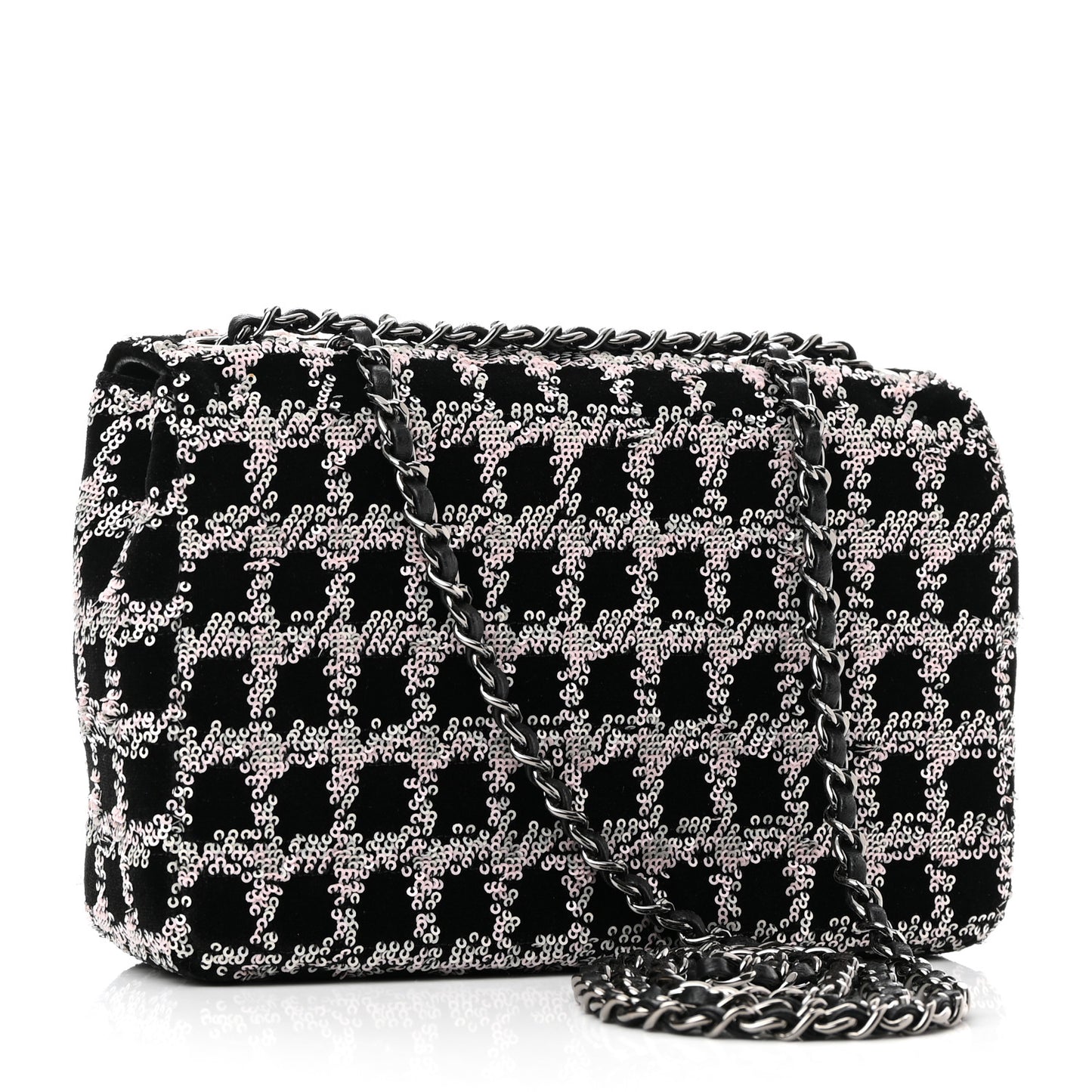 Velvet Sequin Mini Houndstooth Rectangular Flap Black Pink