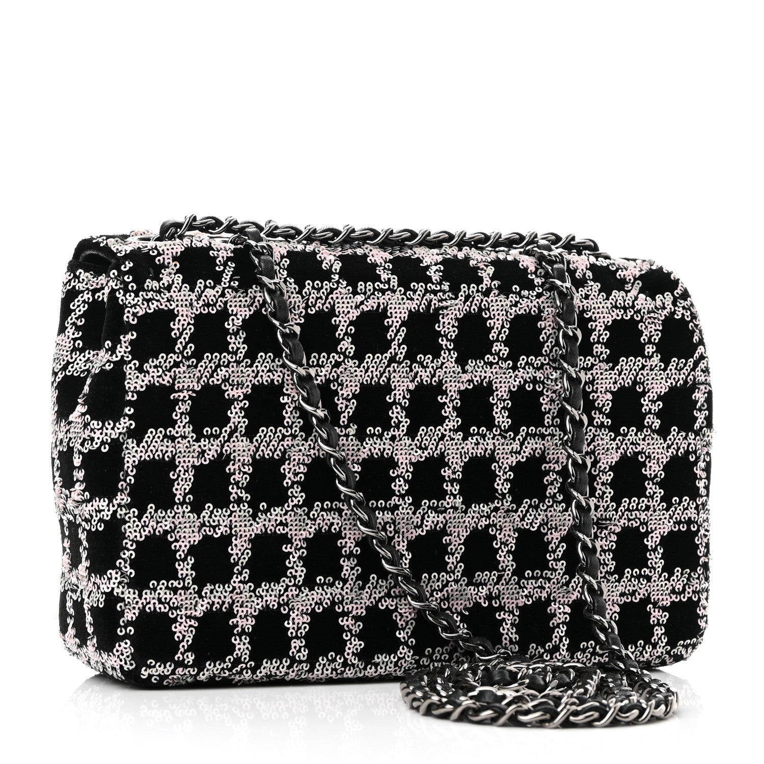 Chanel Velvet Sequin Mini Houndstooth Rectangular Flap Black Pink 2 of 10