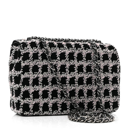Chanel Velvet Sequin Mini Houndstooth Rectangular Flap Black Pink 2 of 10