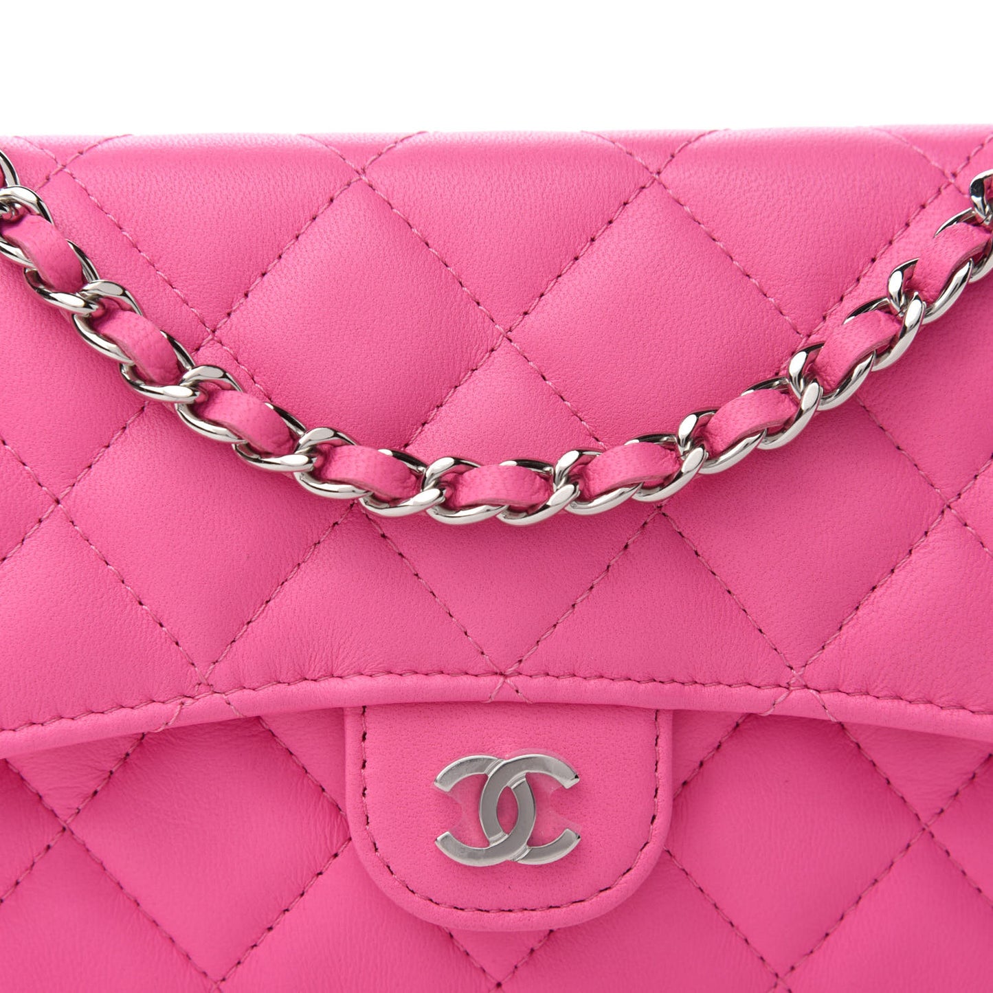 Lambskin Quilted Flap Phone Holder With Chain Neon Pink