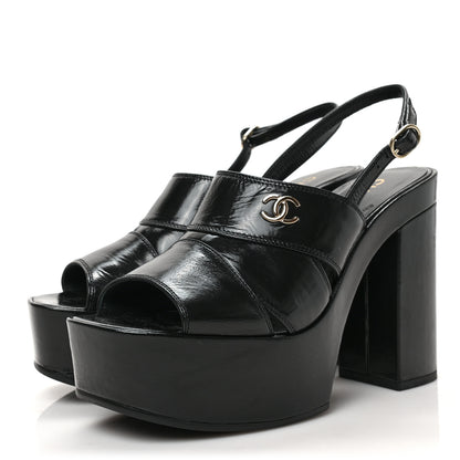 Chanel Crumpled Patent Lambskin Platform Sandals 38.5 Black 3 of 8
