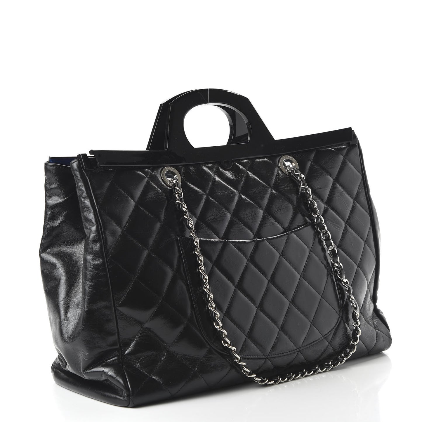 Glazed Calfskin Quilted Large CC Delivery Tote Black