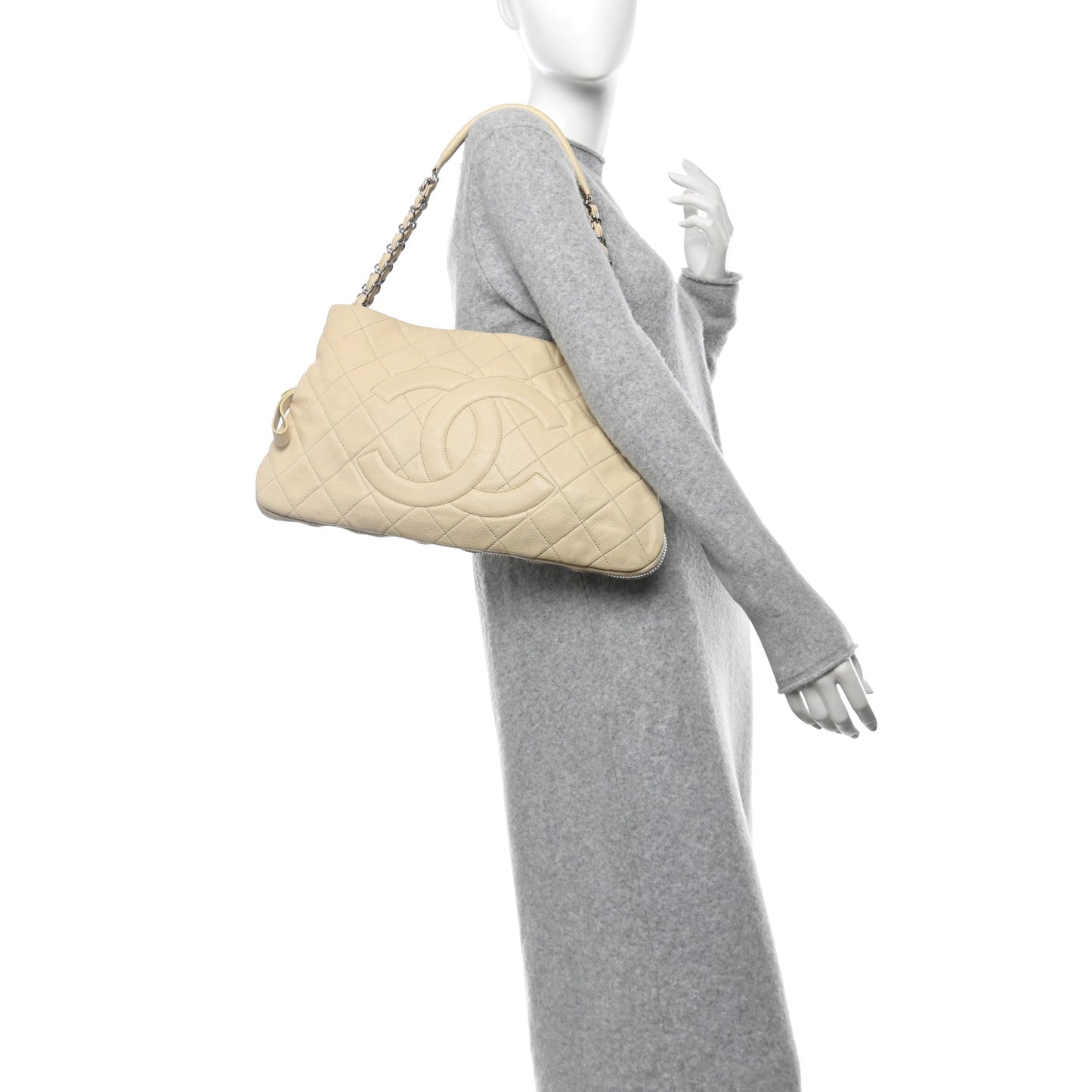 Caviar Quilted Expandable Zip Shoulder Bag Light Beige