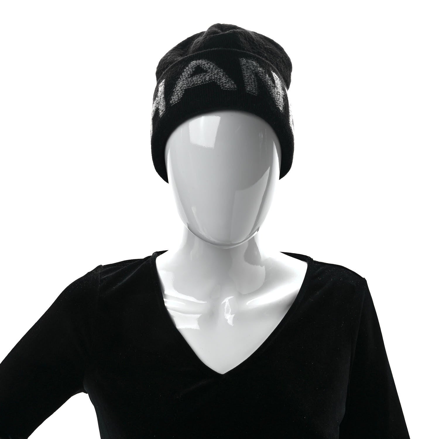 Chanel Wool Cashmere Logo Beanie Hat Black Light Grey 2 of 8