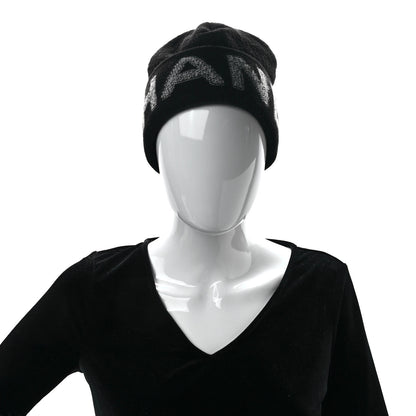 Chanel Wool Cashmere Logo Beanie Hat Black Light Grey 2 of 8