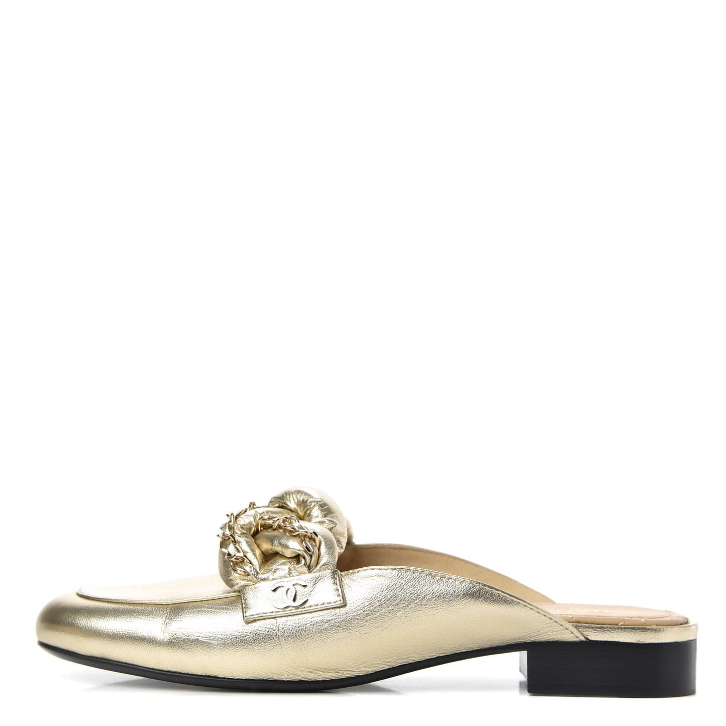 Metallic Lambskin Chain Braided Mules 39.5 Light Gold